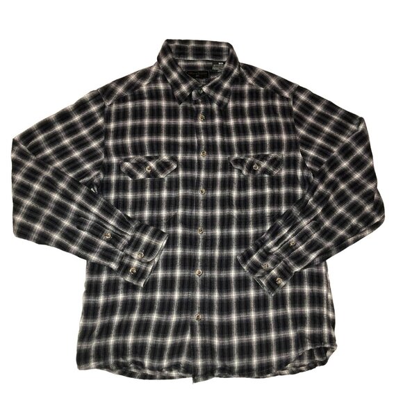 BLACK GRAY PLAID FLANNEL SHIRT SZ M FIELD & STREAM GRUNGE HUNTING FISHING MENS - Picture 1 of 4